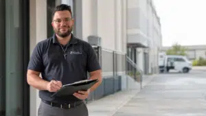 Preferred Pest Management technician reviewing a commercial pest inspection checklist at a North Texas business