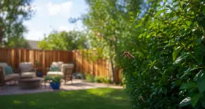 Mosquitoes hovering near shaded shrubs in a sunny Sachse backyard.