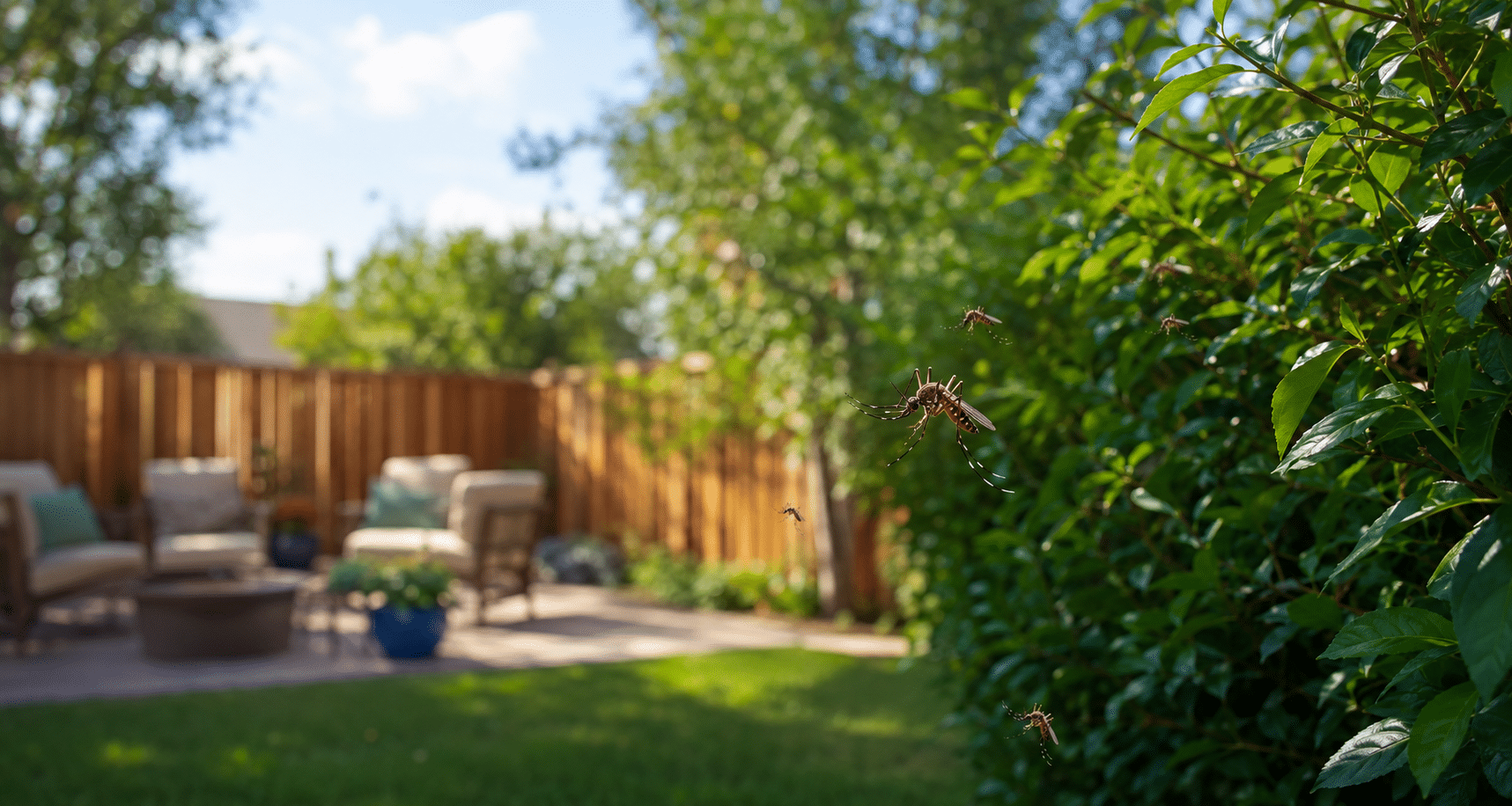 Mosquitoes hovering near shaded shrubs in a sunny Sachse backyard.