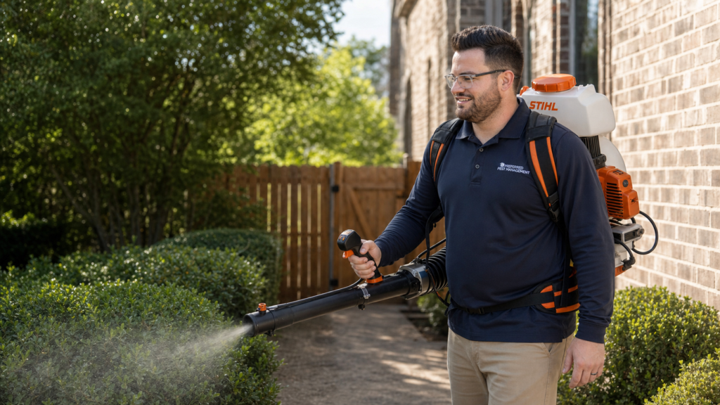 Preferred Pest Management technician applying mosquito treatment with a STIHL backpack blower at a North Texas home