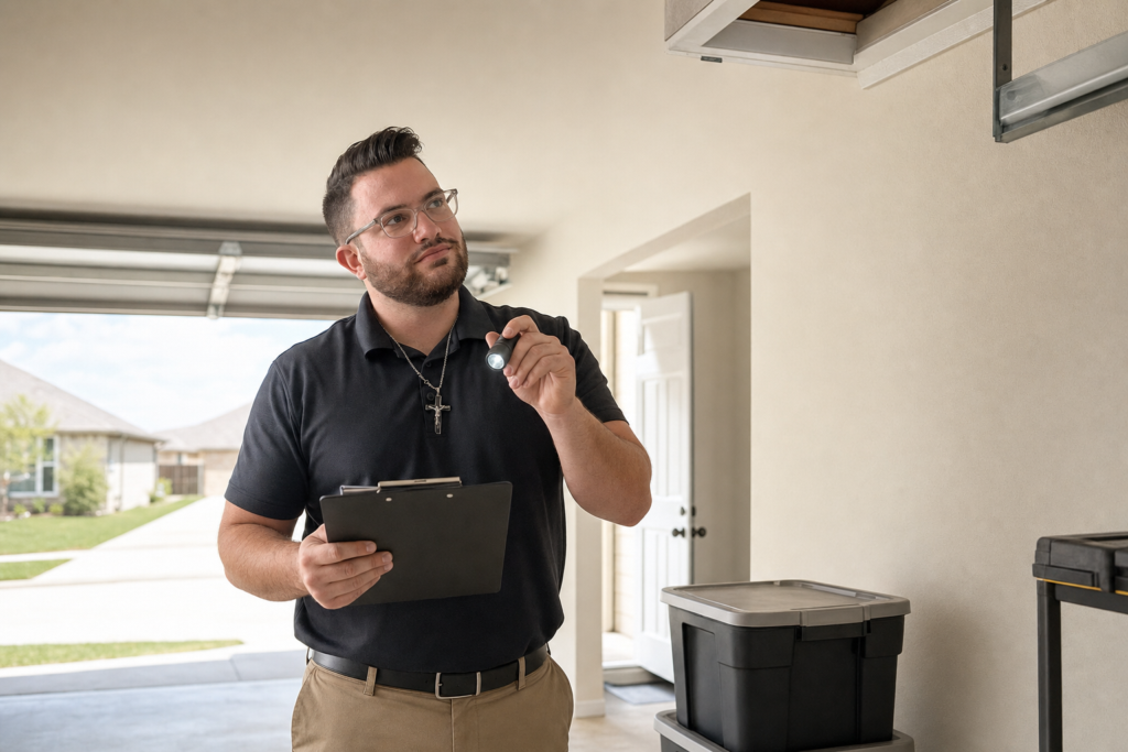 Preferred Pest Management technician inspecting a garage for possible rodent entry points in Sachse, Texas