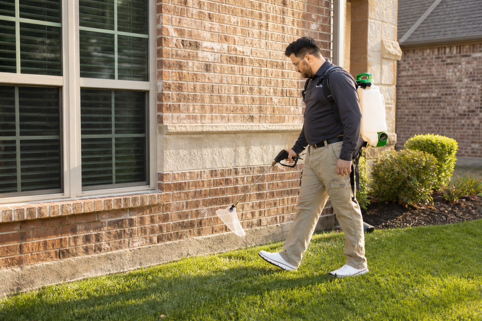 Preferred Pest Management technician providing exterior pest control treatment at a Garland home