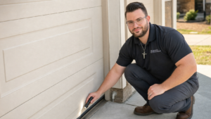 Preferred Pest Management technician inspecting possible mouse entry points around a garage in Sachse, Texas
