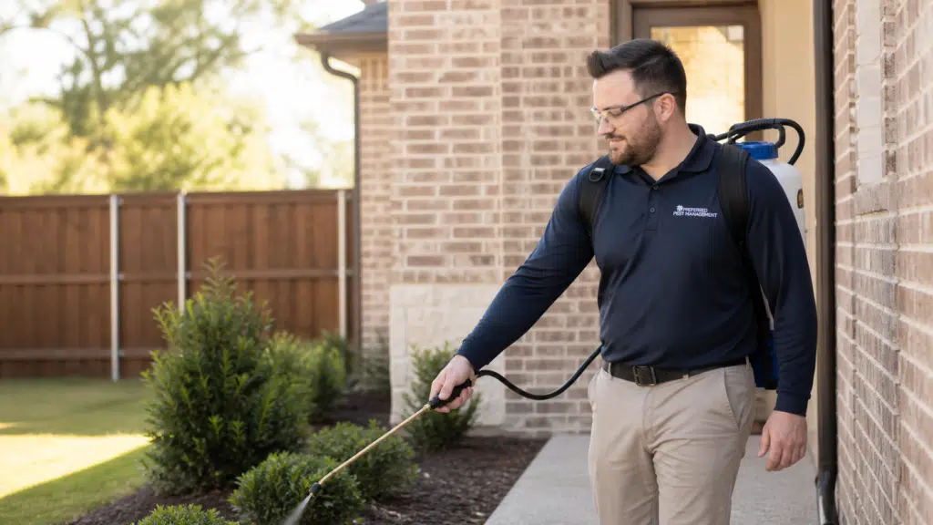 Preferred Pest Management technician applying exterior pest treatment around a North Texas home