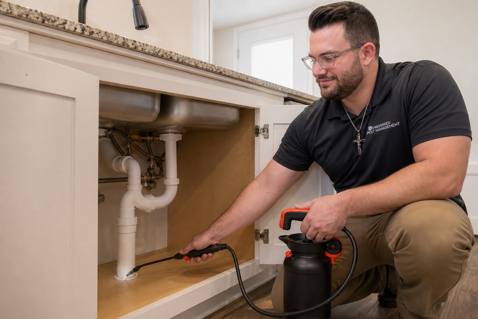 Preferred Pest Management technician treating plumbing penetrations beneath a kitchen sink for cockroach control