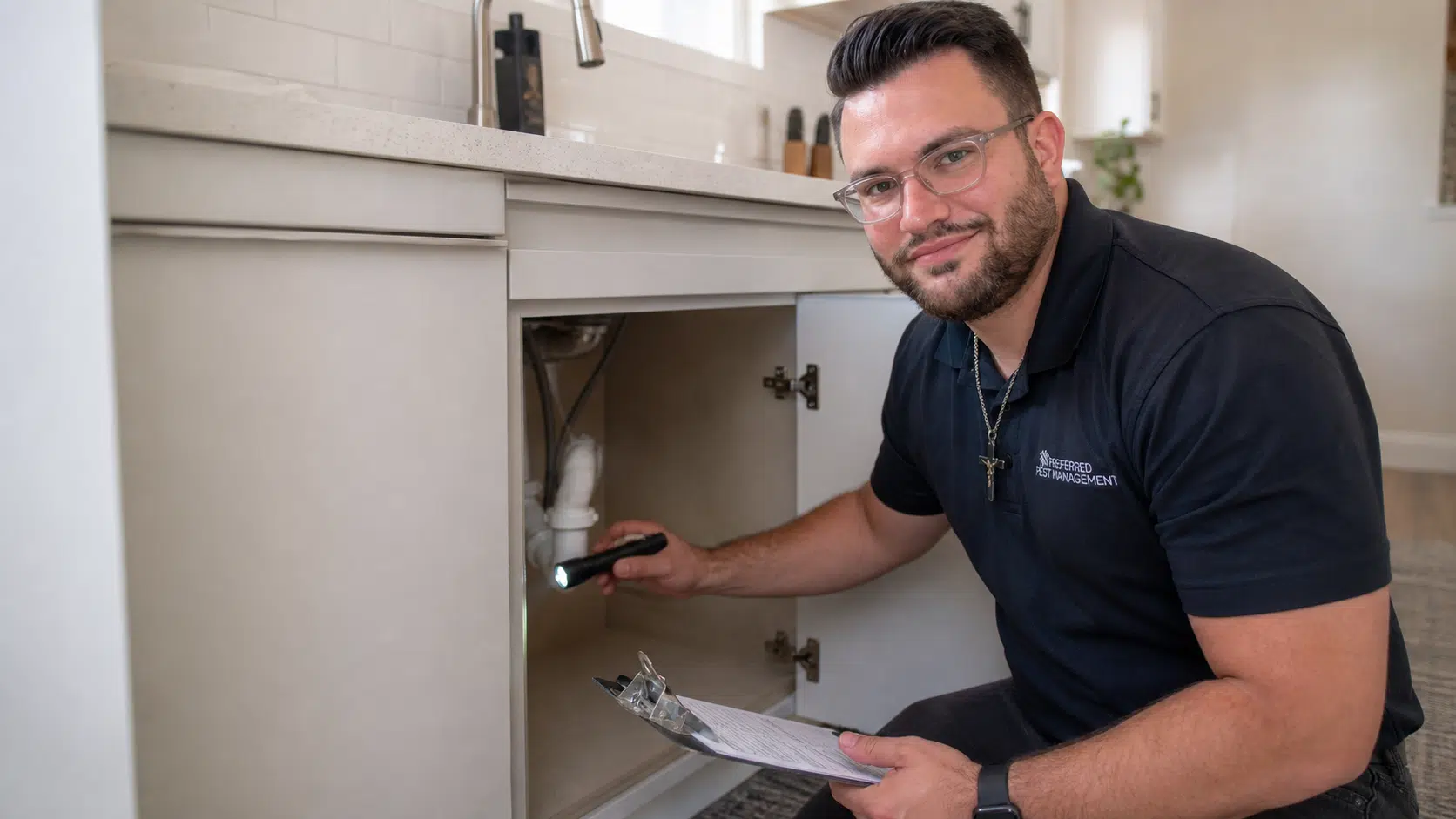 Preferred Pest Management technician inspecting a kitchen cabinet for cockroach activity