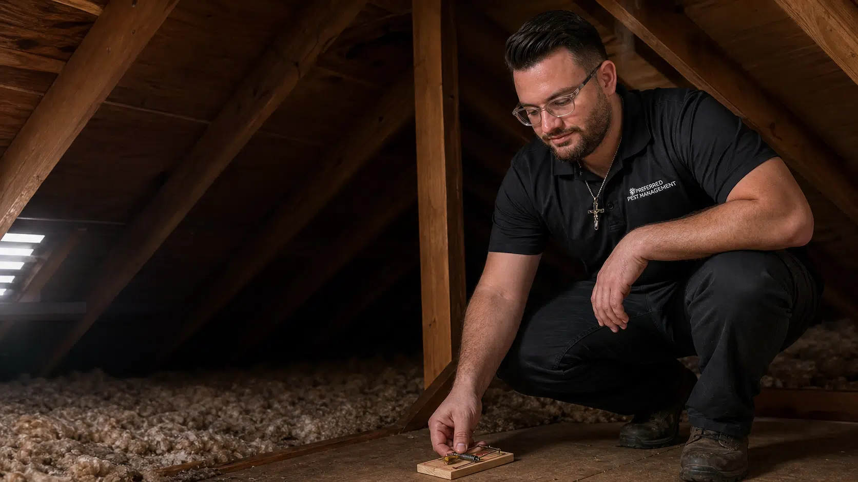 Preferred Pest Management technician setting a rat trap during an attic inspection