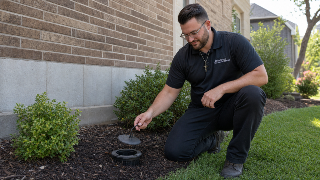 Preferred Pest Management technician inspecting a termite bait station beside a Dallas home