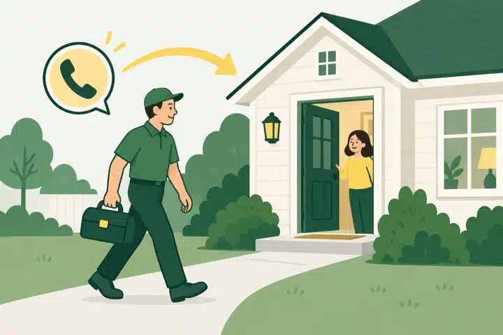 Illustration of a technician returning to help a homeowner between scheduled services.