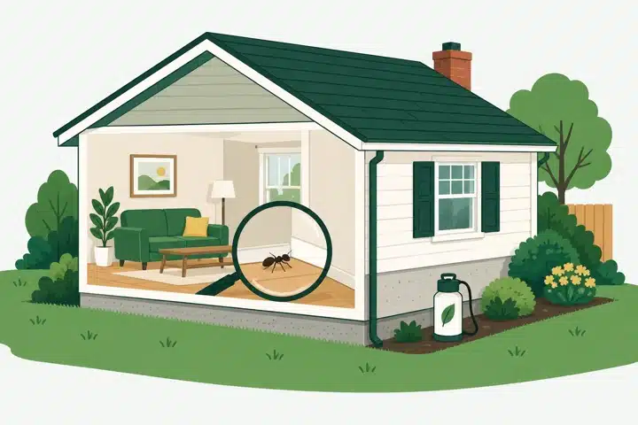 Illustration of interior pest inspection and exterior treatment at a home.