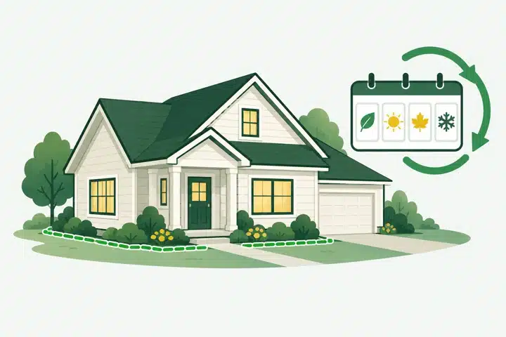Illustration of a protected home and a seasonal calendar for quarterly exterior visits.