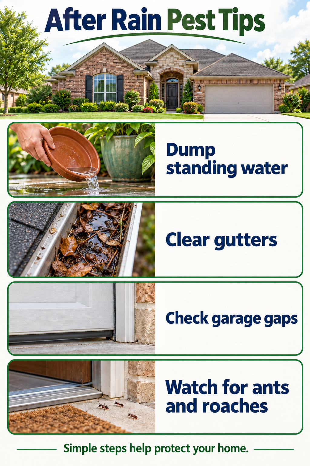 After heavy rain pest tips for Sachse homeowners including clogged gutters standing water and garage gaps