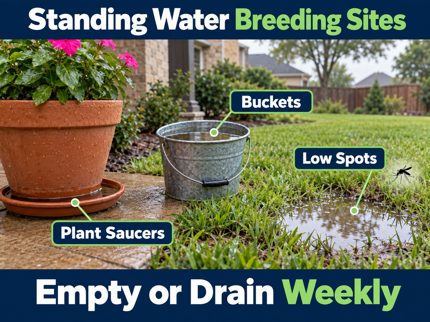 Plant saucers buckets and a low wet spot holding standing water after heavy rain in North Texas