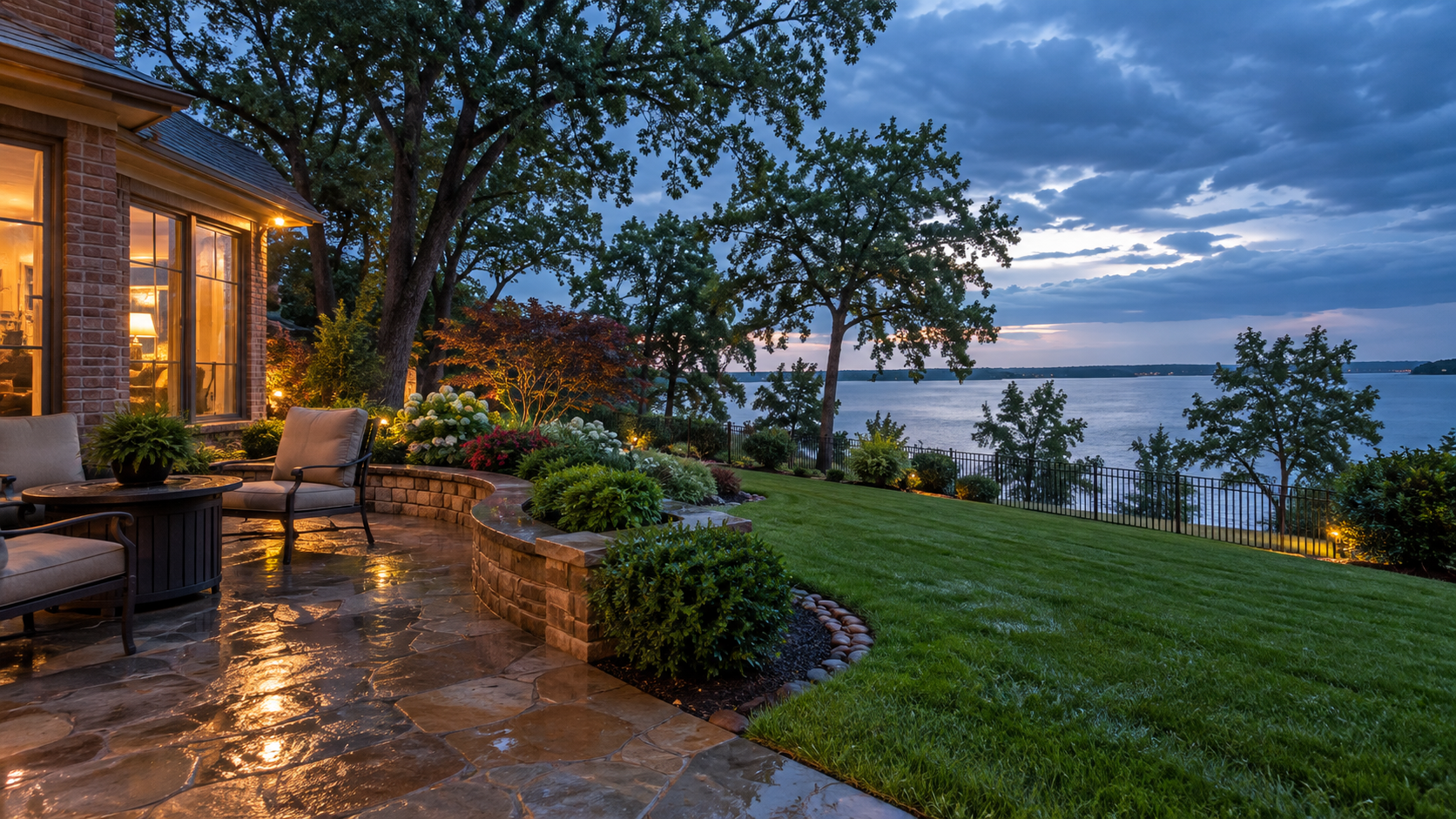 Wet Rockwall Texas backyard near lake weather after rain with cooler evening light where moisture pests and shelter seekers can increase
