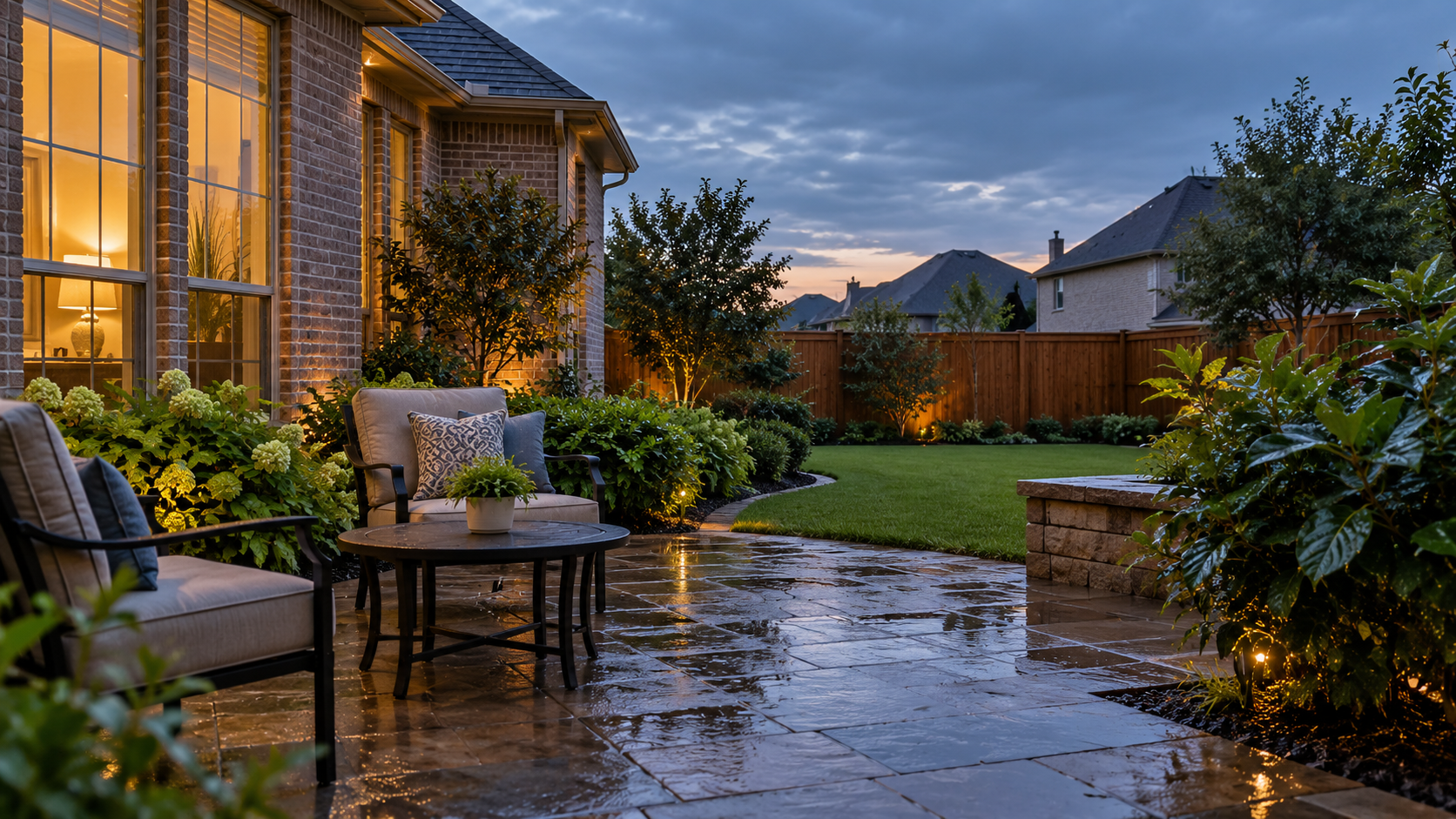 Cooler evening patio in Rockwall Texas after rain where mosquitoes and moisture pests can still be active