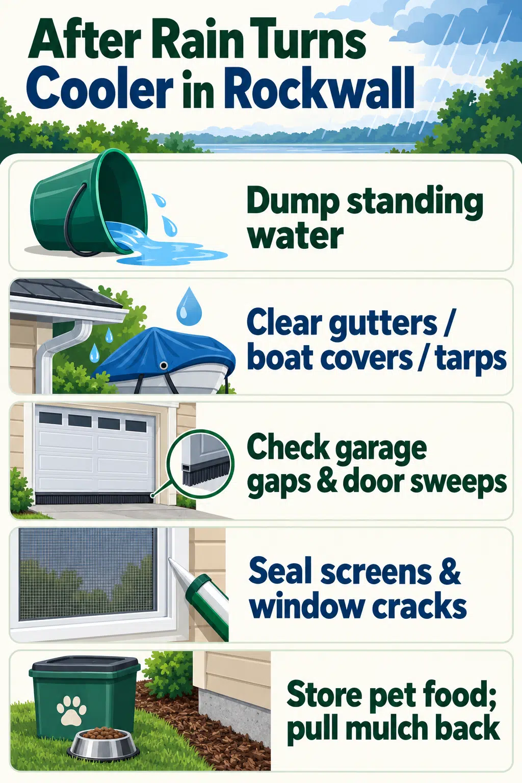 Infographic checklist for Rockwall homeowners after rain and cooler nights including standing water garage gaps and fall invader sealing tips